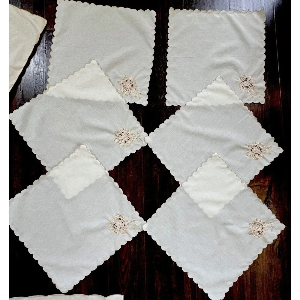 Vintage Linen Napkins Beige Embroidered Flower Rose Scallop Edge 15 3 Design Mix